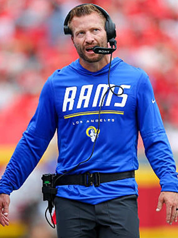 Sean McVay Rams hooded shirt close up headset chest graphic