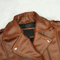 Brown leather women's biker jacket with notched lapel and silver zipper details