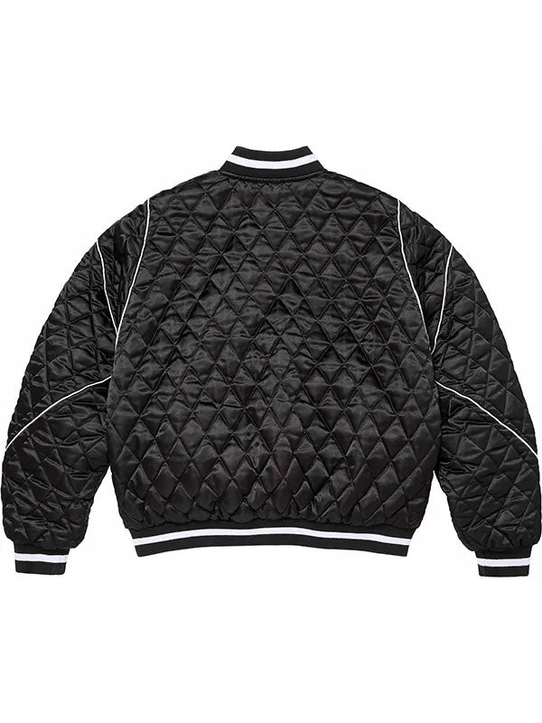 Supreme black quilted satin varsity jacket front view