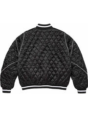 Supreme black quilted satin varsity jacket front view