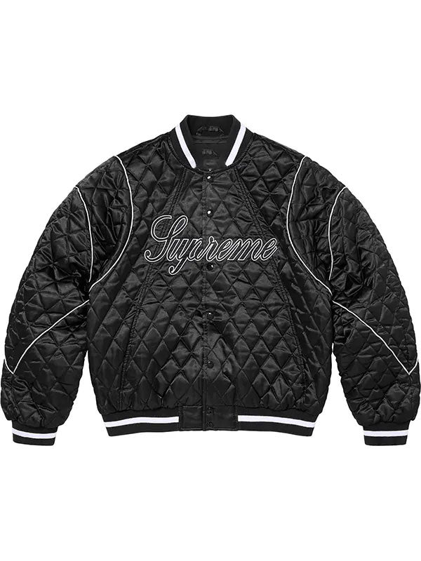 Supreme black quilted satin varsity jacket back view