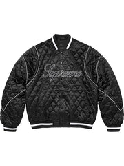 Supreme black quilted satin varsity jacket back view