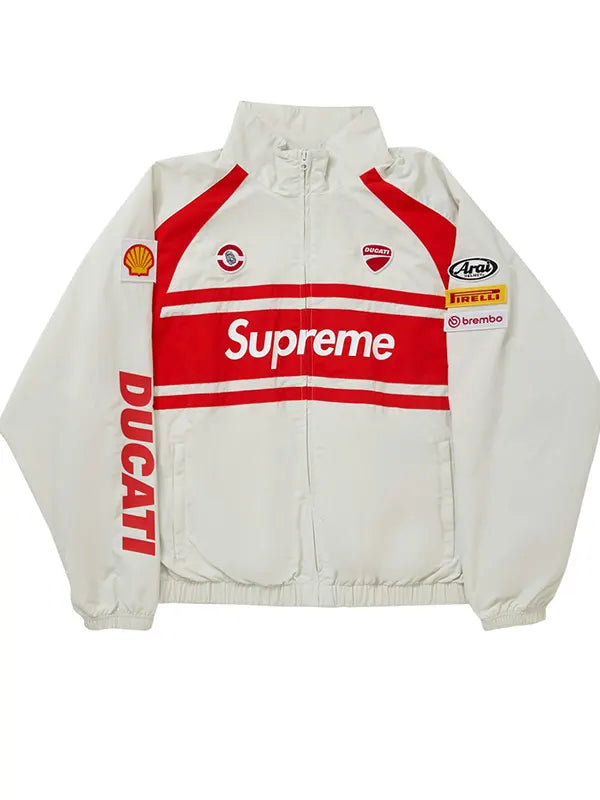 Supreme Ducati white red track jacket front view with sponsor patches