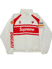 Supreme Ducati white red track jacket front view with sponsor patches
