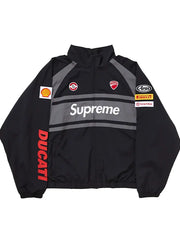 Supreme Ducati black grey track jacket front view with Shell and Pirelli patches