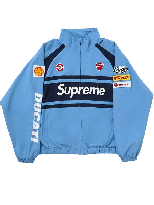 Supreme Ducati sky blue navy track jacket front view with racing patches