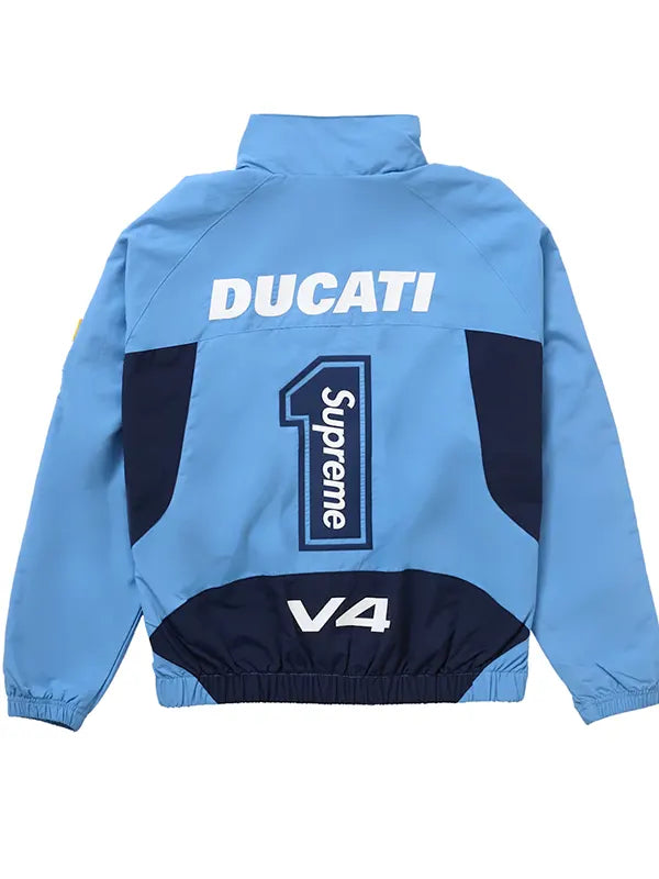 Supreme Ducati sky blue navy windbreaker jacket back view with number 1 graphic