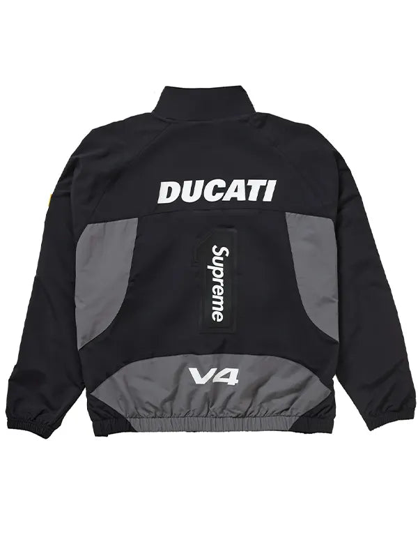 Supreme Ducati black grey racing jacket back view with Ducati V4 print