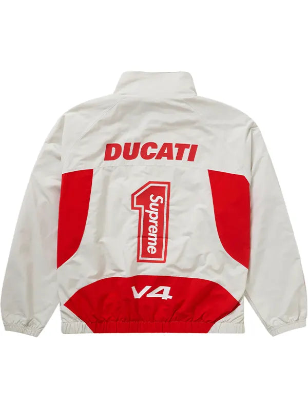 Supreme Ducati white red racing jacket back view with number 1 and V4