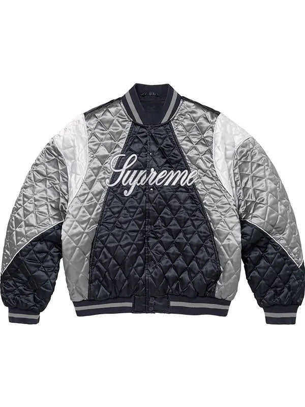 Supreme black and silver quilted satin varsity jacket back view