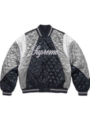 Supreme black and silver quilted satin varsity jacket back view
