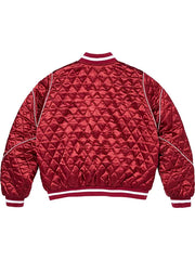 Supreme red quilted satin varsity jacket front view