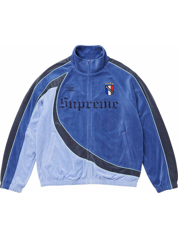 Blue Supreme X Umbro velour track jacket front view