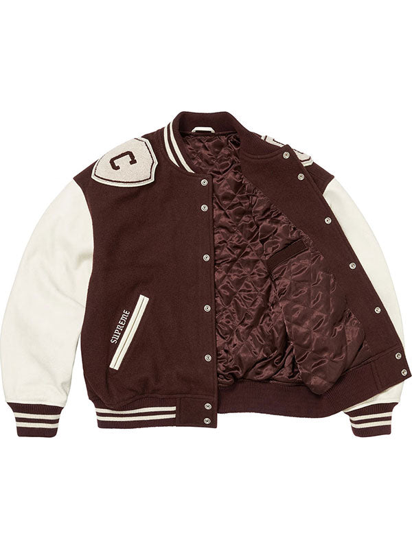 Brown Supreme Captain varsity jacket with cream sleeves and quilted interior lining