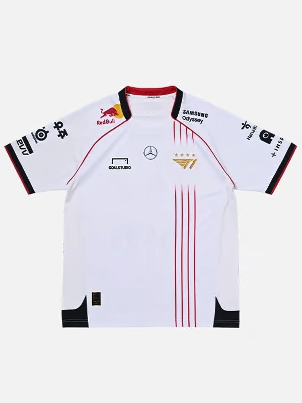 T1 Worlds 2024 white jersey front view with Mercedes and Red Bull sponsor prints