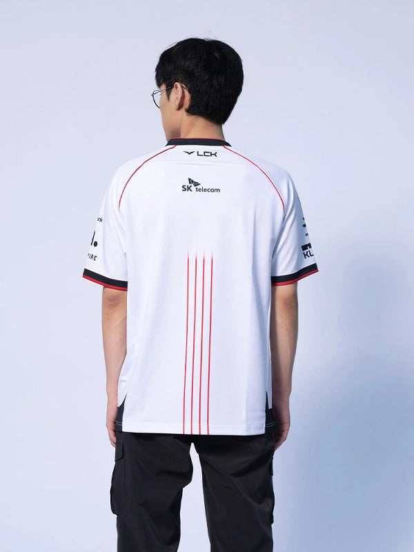 T1 League of Legends white jersey back view with LCK and SK telecom print