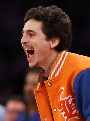 Timothee Chalamet Orange and Blue Varsity Jacket 