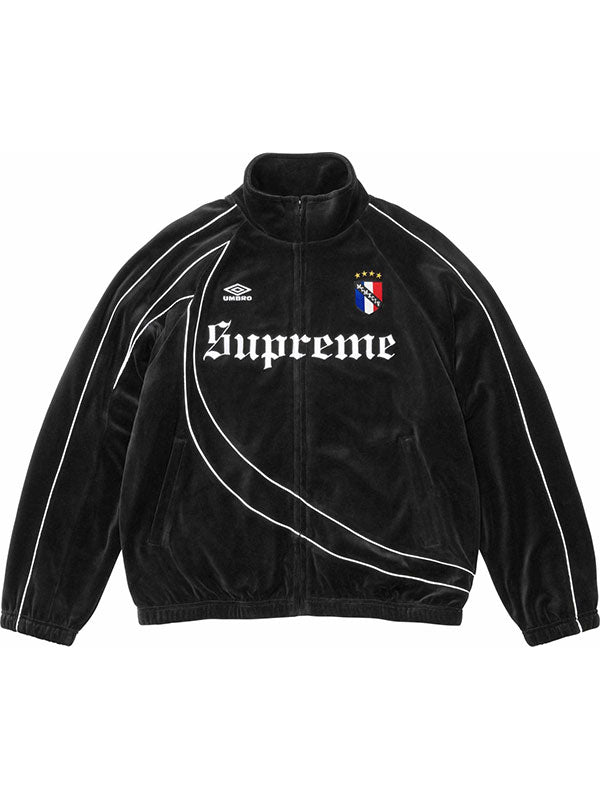 Black Supreme X Umbro velour track jacket front view