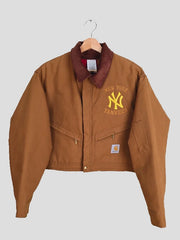 Carhartt NY Yankees tan brown crop jacket front view with embroidered logo