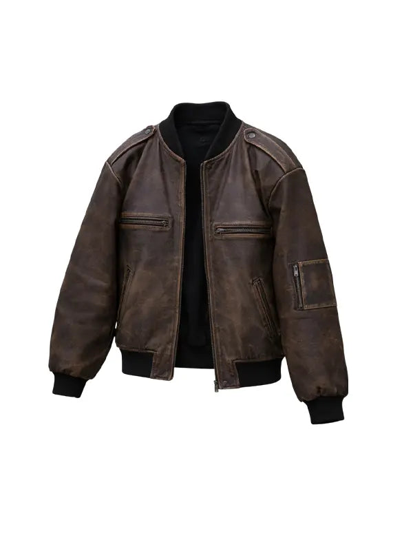 Vintage Distressed Brown Leather Bomber Jacket