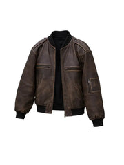 Vintage Distressed Brown Leather Bomber Jacket