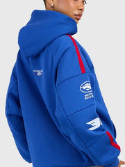 Blue Western Bulldogs AFL x Elite Eleven retro hoodie showing sleeve graphics and red stripe detailing