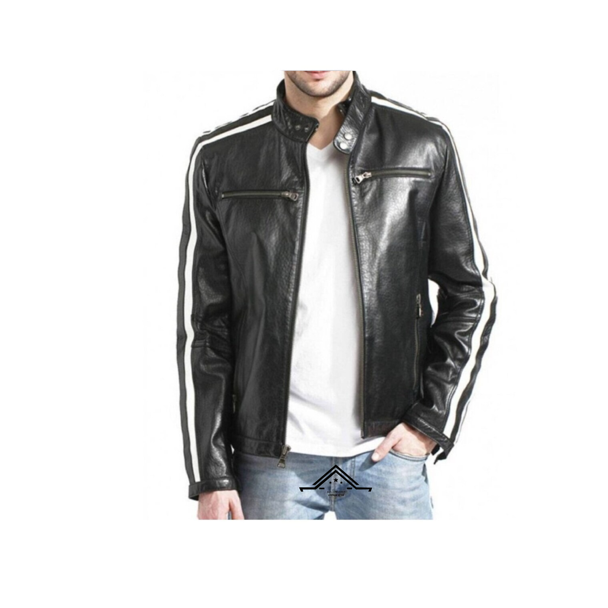 Men's Handmade Biker Motorcycle White Striped Real Leather Jacket