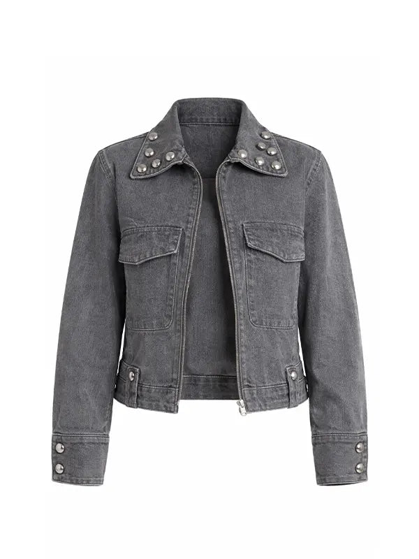 Women Stud Detail Denim Jacket Grey