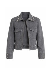 Women Stud Detail Denim Jacket Grey