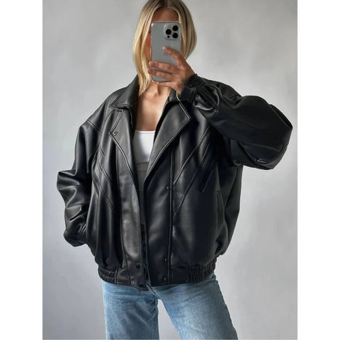 Women's Oversized Black Leather Bomber Jacket