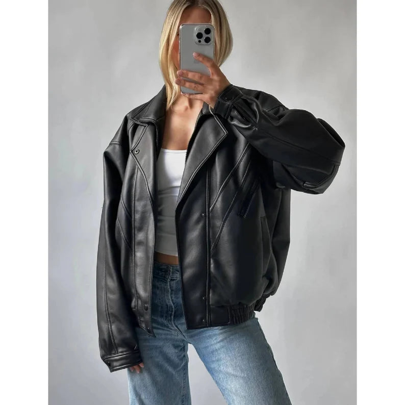 Women's Oversized Black Leather Bomber Jacket