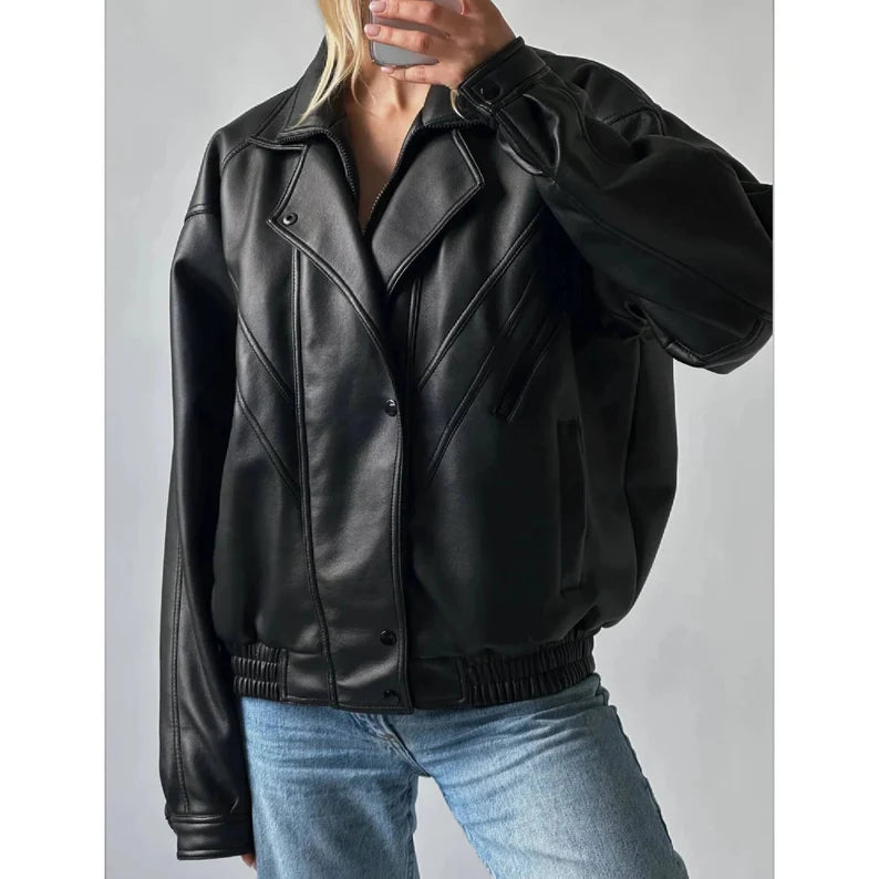 Women's Oversized Black Leather Bomber Jacket