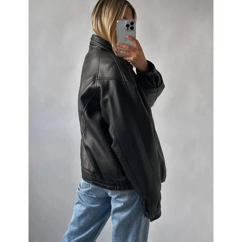 Women's Oversized Black Leather Bomber Jacket