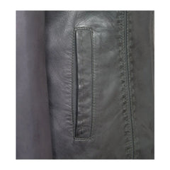 Close-up of pocket detail on women's grey biker leather jacket