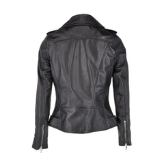 Women's black biker-style jacket with zip cuffs, shown from the back on white background.