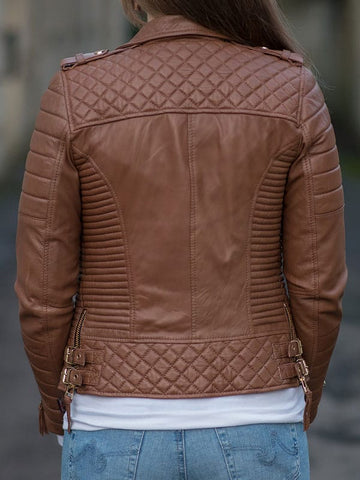 WOMENS BODA STYLE QUILTED LEATHER BIKER JACKET BROWN