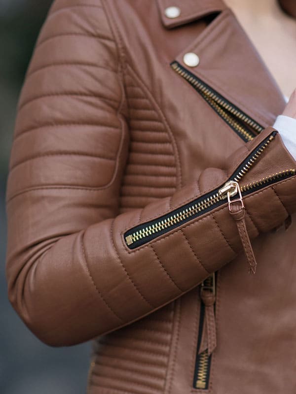 WOMENS BODA STYLE QUILTED LEATHER BIKER JACKET BROWN