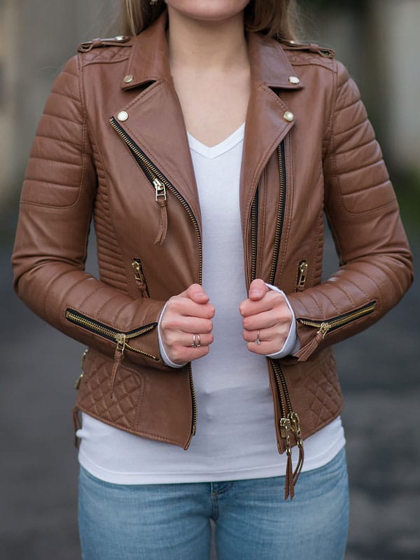 WOMENS BODA STYLE QUILTED LEATHER BIKER JACKET BROWN