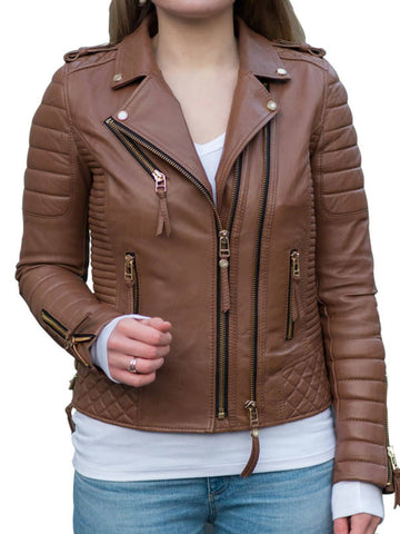 WOMENS BODA STYLE QUILTED LEATHER BIKER JACKET BROWN