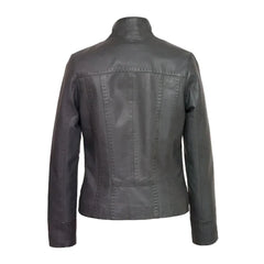 Back view of women's grey leather jacket with stitched panel details