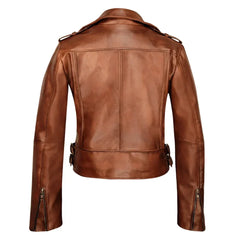 Back view of women's brown biker leather jacket with zipper cuffs and waist buckles