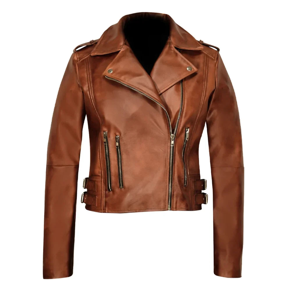 Biker Lapel Style Brown Leather Jacket