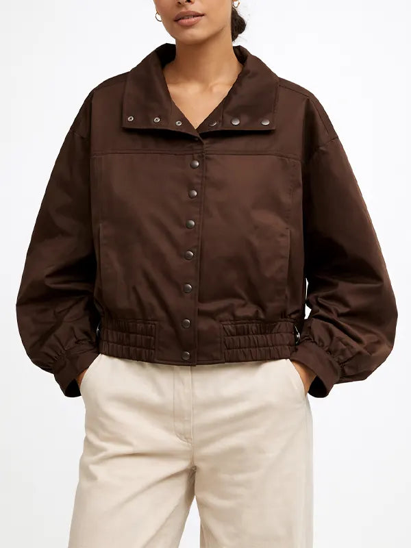 Womens Funnel Neck Brown Bomber Jacket