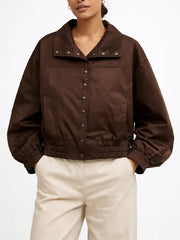 Womens Funnel Neck Brown Bomber Jacket