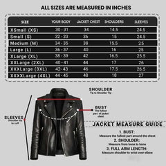 Women's jacket size chart with measurements and illustrated jacket measurement guide.