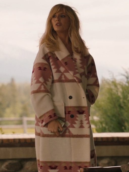Kelly Reilly Beth Dutton Yellowstone Season 5 pink printed coat front view on porch