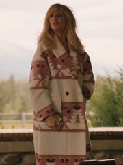 Kelly Reilly Beth Dutton Yellowstone Season 5 pink printed coat front view on porch