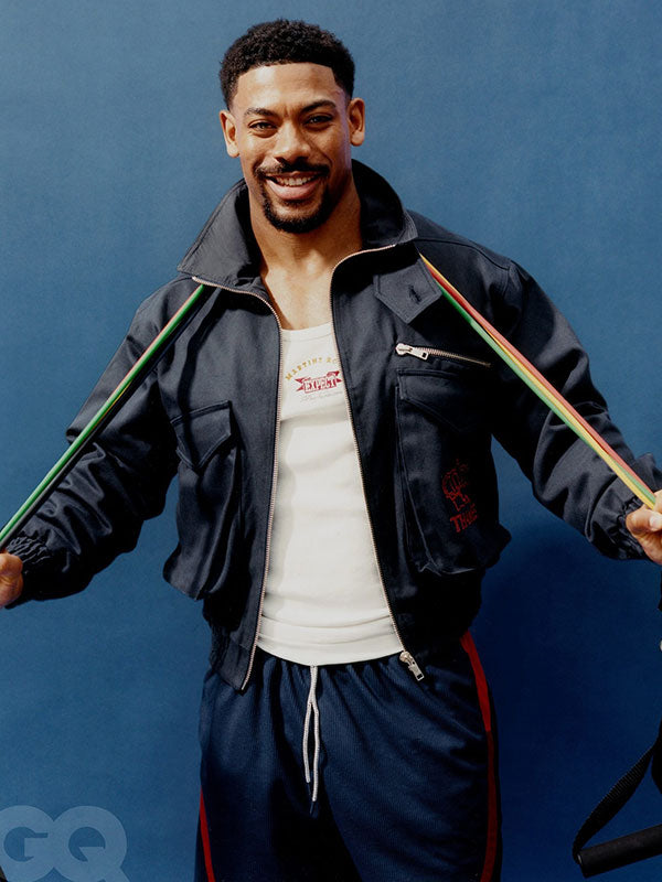 Aaron Pierre inspired navy cotton bomber jacket open front view studio