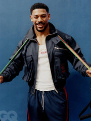 Aaron Pierre inspired navy cotton bomber jacket open front view studio