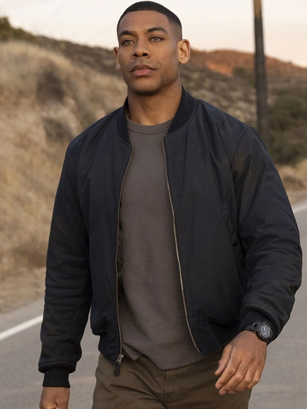 John Stewart Lanterns navy bomber jacket front view desert road